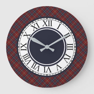 Grande Horloge Ronde Carreaux Rouge foncé et Bleu marine Rustique