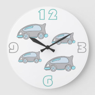 Grande Horloge Ronde Carrée Voiture Bleu Dessin Garçons Pépinière Mur H