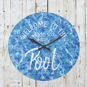 Grande Horloge Ronde Carrelage Aqua personnalisé Bienvenue dans la pisc
