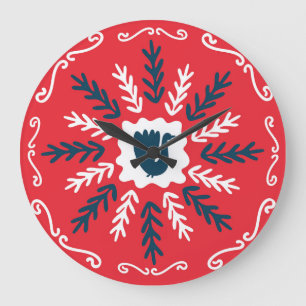 Grande Horloge Ronde Carrelage de Noël Folk Doodle Art