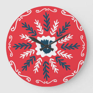 Grande Horloge Ronde Carrelage de Noël Folk Doodle Art