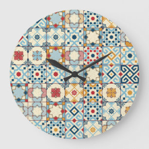 Grande Horloge Ronde Carrelage marocain, motif sans couture colorée.