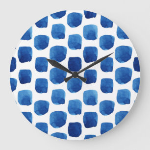 Grande Horloge Ronde Carrés bleus, motif aquarelle sans couture.