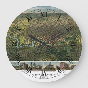 Grande Horloge Ronde Carte ancienne de Houston, Texas avec la rivière B