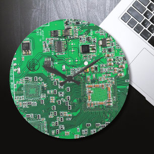 Grande Horloge Ronde Carte de circuit Geek d'ordinateur vert
