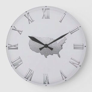 Grande Horloge Ronde Carte des États-Unis en argent avec chiffres romai