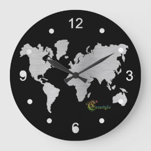 Grande Horloge Ronde Carte du monde d'argent Wall Clock
