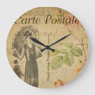 Grande Horloge Ronde Carte postale Vintage à fleurs française de mode
