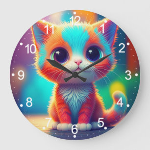 Grande Horloge Ronde Carton de Kitten couleur arc-en-ciel