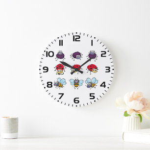 Grande Horloge Ronde Cartoon Insectes Drôle Abeilles Ladybugs Araignes