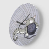 Grande Horloge Ronde Cartoon Kitty avec boule de fil (Angle)