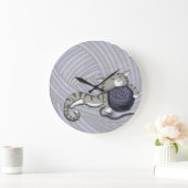 Grande Horloge Ronde Cartoon Kitty avec boule de fil (Maison)