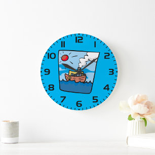 Grande Horloge Ronde Cartoon Steamship sur Ocean Waves Art nautique
