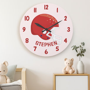 Grande Horloge Ronde Casque de Football Garçon Rouge Chambre Mur