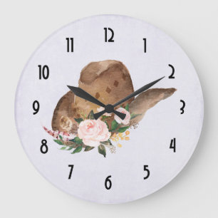 Grande Horloge Ronde Casquette Brown Cowgirl avec fleurs roses