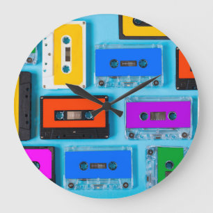 Grande Horloge Ronde Cassette Rétro : Collection Arrière - plan Bleue