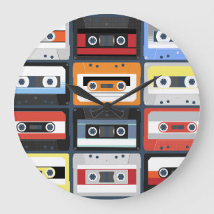 Grande Horloge Ronde Cassettes compactes : design plat vintage.