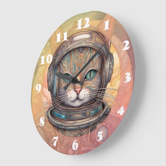 Grande Horloge Ronde Cat Astronaut douleur d'art d'anime détaillé (Angle)