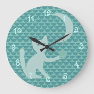 Grande Horloge Ronde Cat playing with Moon and Star Teal