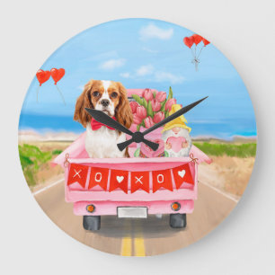 Grande Horloge Ronde Cavalier King Chien Saint-Valentin Camion Cœurs