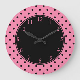 Grande Horloge Ronde Centre noir Petits points noirs sur fond rose chau