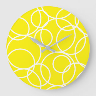 Grande Horloge Ronde Cercles blancs géométriques Jaune Moderne Abstrait