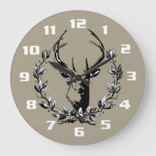 Grande Horloge Ronde Cerf dans les feuilles de laurier