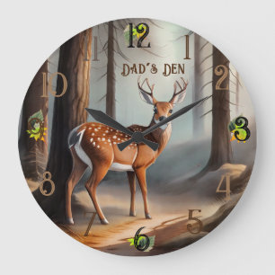 Grande Horloge Ronde Cerf d'aquarelle Brown et gris rustique