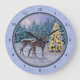 Grande Horloge Ronde Cerf et arbre de Noël Bleu d'hiver