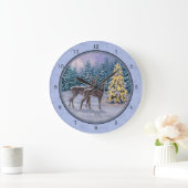 Grande Horloge Ronde Cerf et arbre de Noël Bleu d'hiver (Maison)