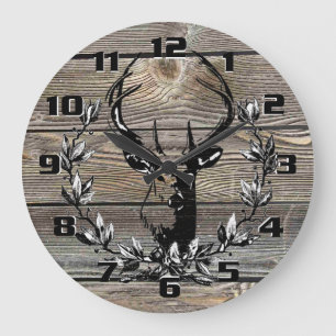 Grande Horloge Ronde Cerf rustique feuilles de Laurier planches de bois