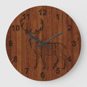 Grande Horloge Ronde Cerf rustique sculpté dans le bois Effet