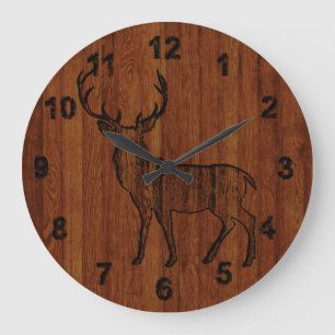 Grande Horloge Ronde Cerf rustique sculpté dans l'effet de bois