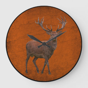 Grande Horloge Ronde Cerf vintage de nature orange