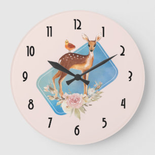 Grande Horloge Ronde Cerfs communs Brown mignons d'aquarelle rustiques