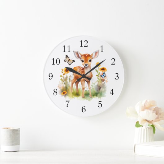 Grande Horloge Ronde Cerfs et papillons animaux de bois mignons (Maison)
