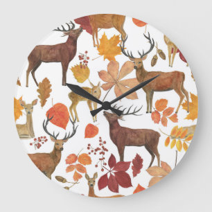 Grande Horloge Ronde Cerfs, feuilles d'automne : motif d'aquarelle.