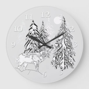 Grande Horloge Ronde Cerfs, hiver, forêt, arbres de Noël, monochrome