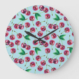 Grande Horloge Ronde Cerises d'aquarelle modernes : Motif de baies jute