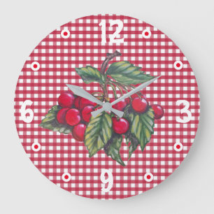 Grande Horloge Ronde Cerises Rouge & Blanc En vichy Cuisine Rétro Vinta