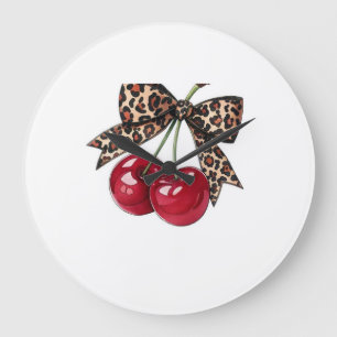 Grande Horloge Ronde Cerises Rouges avec Nœud Léopard – Illustration Co