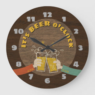 Grande Horloge Ronde C'est Beer O'Clock Dark Wood Texture Retro Cartoon