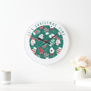 Grande Horloge Ronde C'est Noël Cosy Mittens Motif en vert