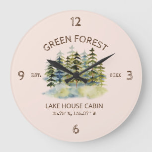 Grande Horloge Ronde Chalet de lodge aquarelle verte forêt brumeuse vin
