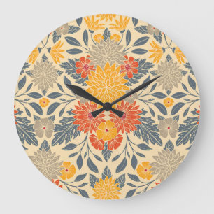 Grande Horloge Ronde Chaleureux Jaune, Orange & Bleu Floral