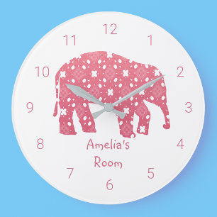Grande Horloge Ronde Chambre à coucher éléphant rose personnalisée