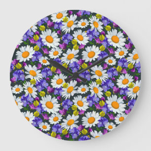 Grande Horloge Ronde Chamomille, fleurs sauvages : motif sans soudure.
