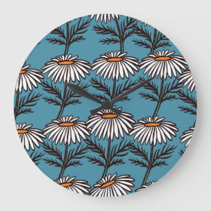 Grande Horloge Ronde Chamomille, motif de dessin animé vintage bleu.