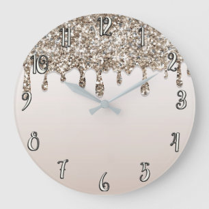 Grande Horloge Ronde Champagne Or Paillettes Dégoulinant Chic Moderne G