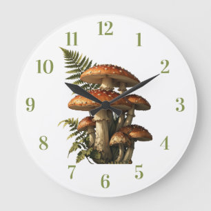 Grande Horloge Ronde Champignons Amanite Rouge avec Botanique de Fougèr